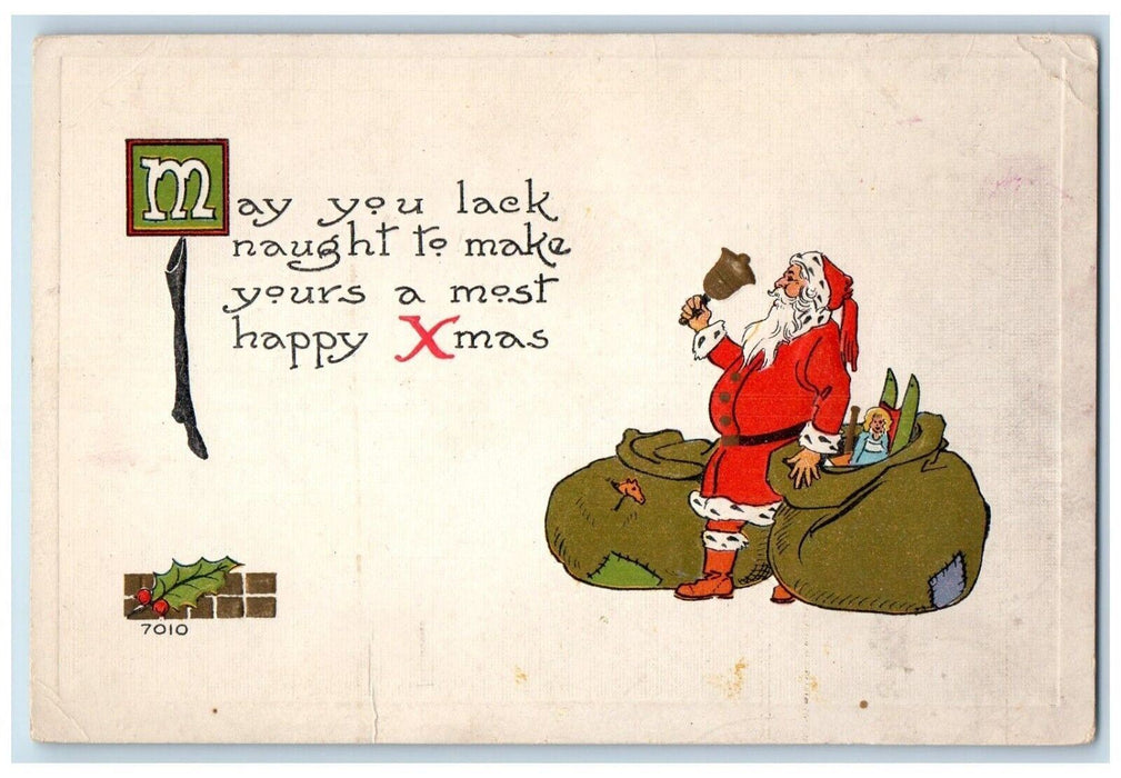 c1910's Christmas Santa Claus And Sack Of Toys Bell Unposted Embossed Postcard