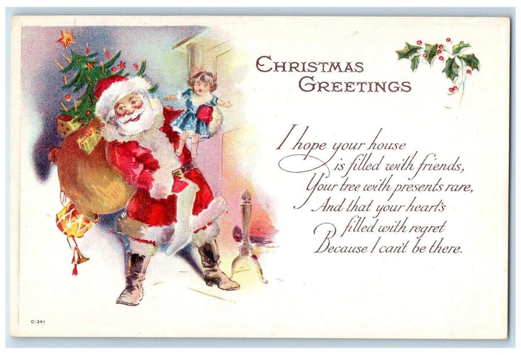 c1910's Christmas Greetings Santa Claus And His Sack Of Toys Embossed Postcard