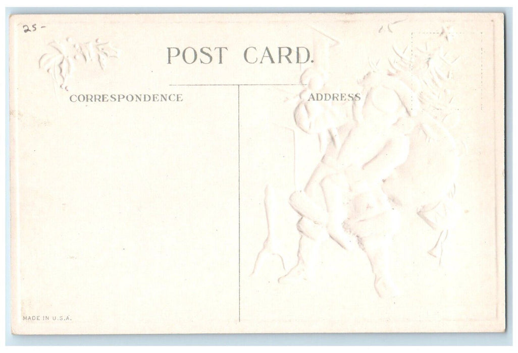 c1910's Christmas Greetings Santa Claus And His Sack Of Toys Embossed Postcard