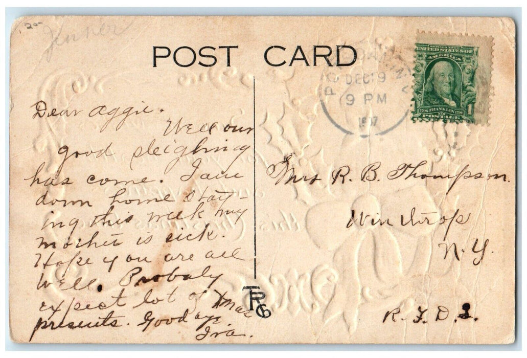 1907 Christmas Santa Claus Head Holly Red Ribbon Embossed Antique Postcard