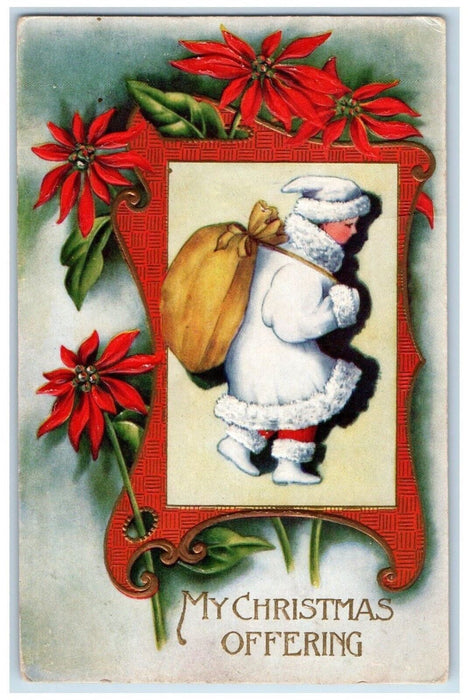 c1910's Christmas Santa Claus And Sack Of Toys Poinsettia Flowers Postcard