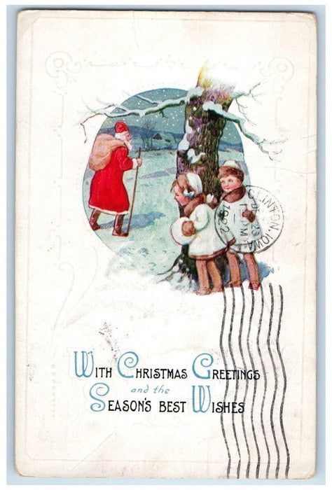 c1910's Christmas Greetings Santa Claus Sack Of Toys Girls Hiding Postcard