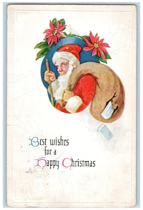 1919 Christmas Santa Claus Sack Of Toys Pointessia Flowers Winsch Back Postcard