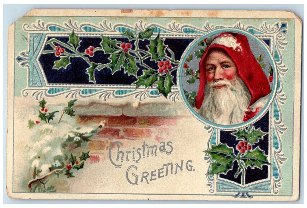 1909 Christmas Greetings Santa Head Holly Berries Covered Snow Embossed Postcard