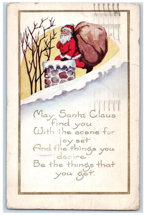 1922 Christmas Santa Claus Sack Of Toys Chimney Snow Winter Embossed Postcard