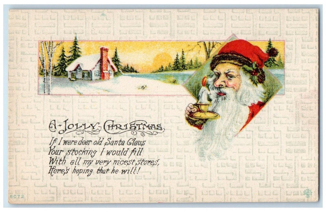 c1910's Christmas Santa Claus Holding Candle Winter Snow House Antique Postcard