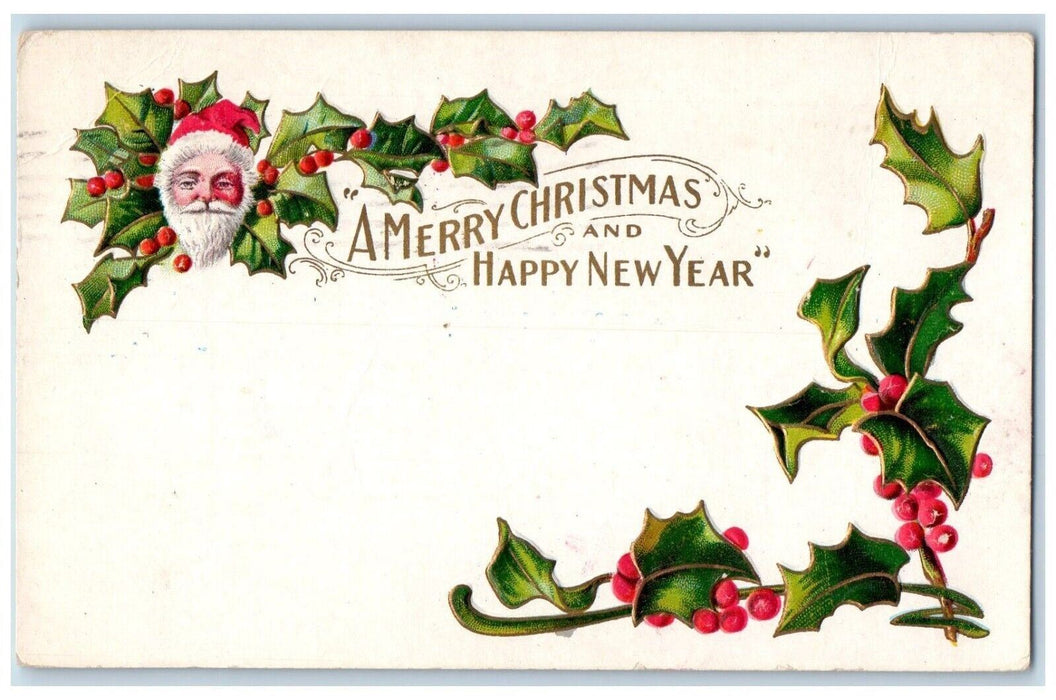 1909 Merry Christmas And Happy New Year Santa Head  Holly Berries Postcard