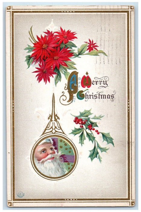 1912 Christmas Santa Pointessia Flowers Holly Berries Embossed Antique Postcard