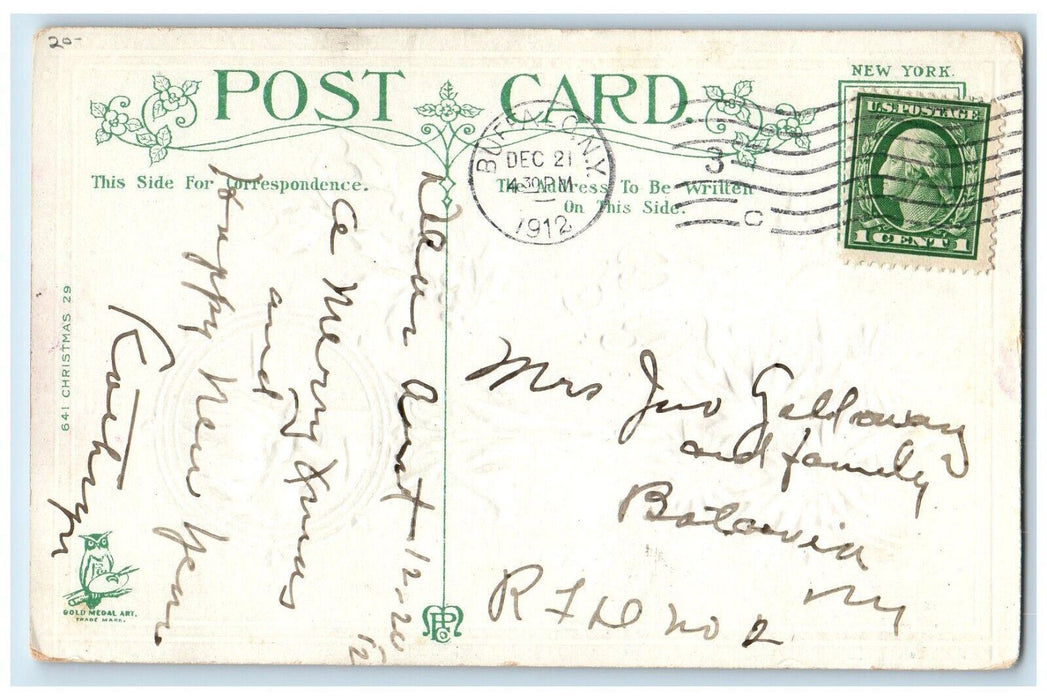 1912 Christmas Santa Pointessia Flowers Holly Berries Embossed Antique Postcard