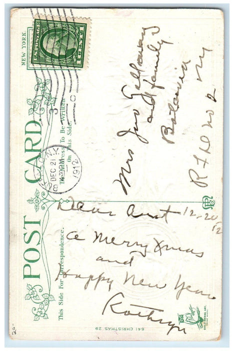1912 Christmas Santa Pointessia Flowers Holly Berries Embossed Antique Postcard