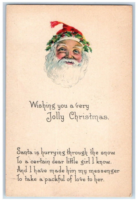c1910's Christmas Santa Claus Head Holly Berries Headband Antique Postcard