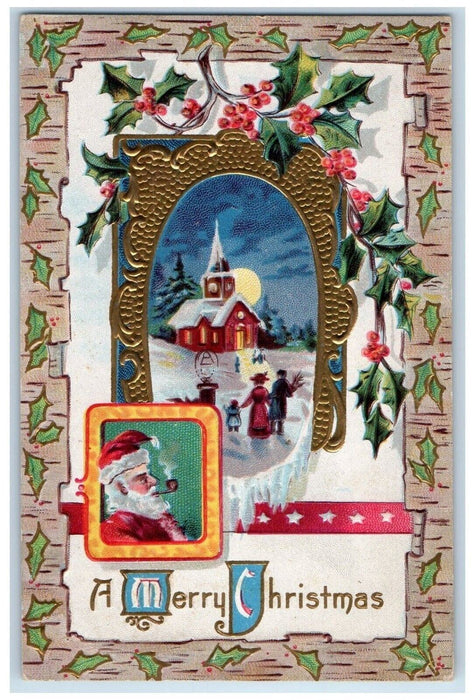 1910 Christmas Santa Claus Cigarette Pipe Smoke Winter Snow Moon Posted Postcard