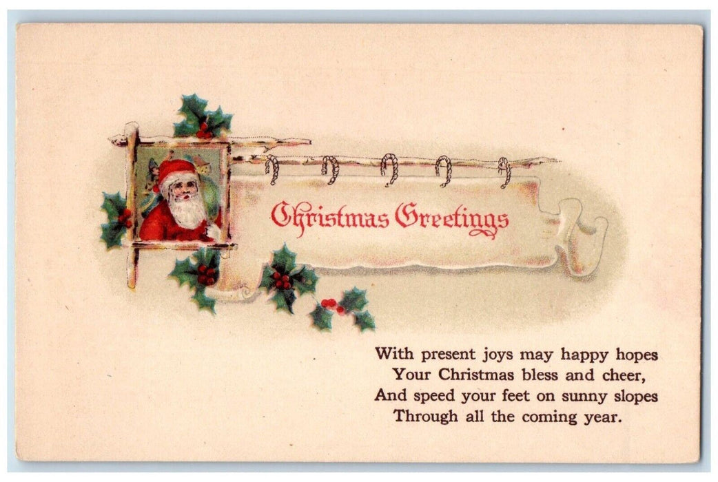 c1910's Christmas Greetings Santa Claus Sack Of Toys Holly Berries Postcard