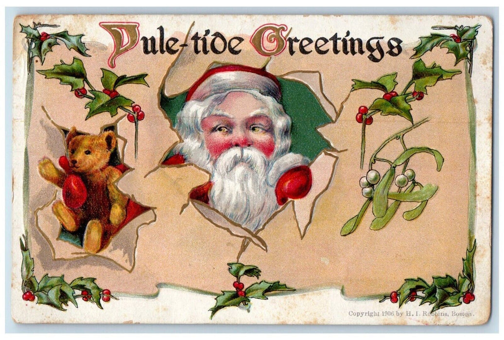 c1910's Christmas Greetings Santa Claus Head Bear Holly Embossed Posted Postcard