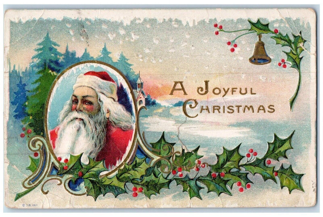 1911 Christmas Santa Claus Head Holly Bell Winter Snow Embossed Antique Postcard