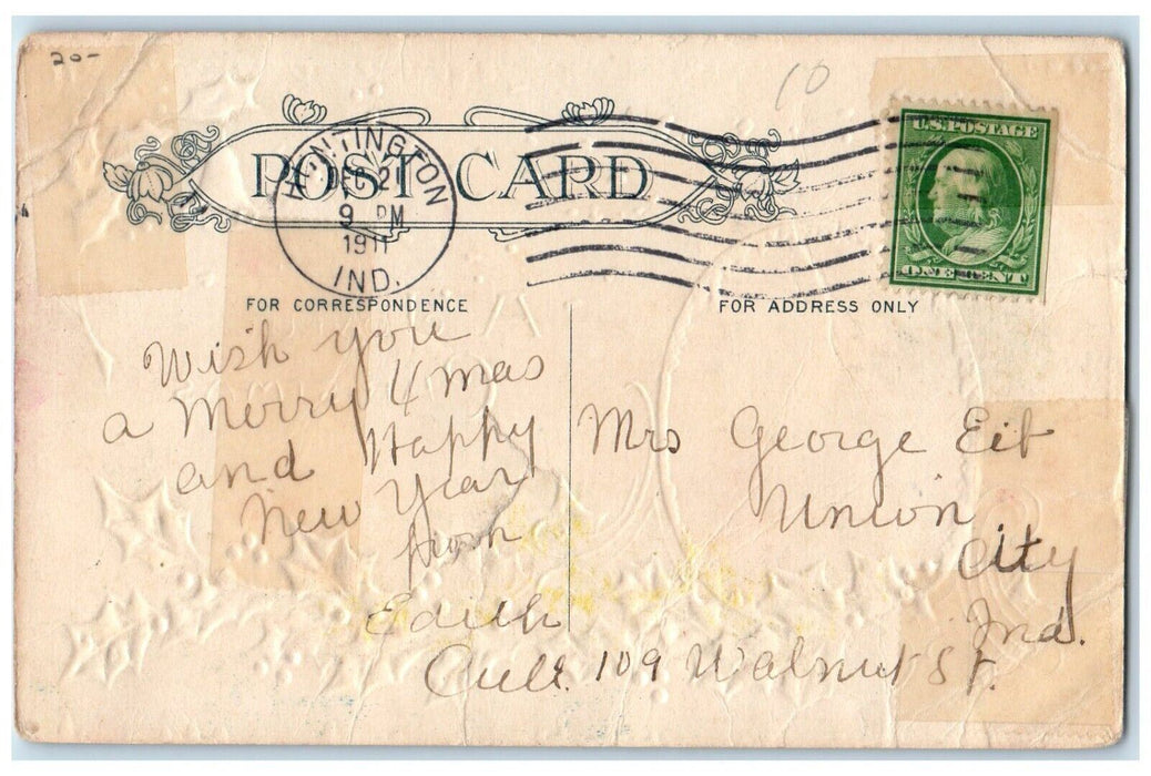 1911 Christmas Santa Claus Head Holly Bell Winter Snow Embossed Antique Postcard