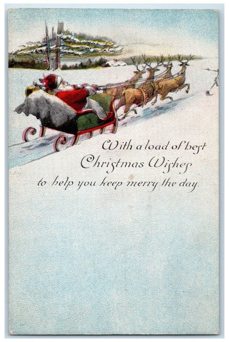 c1910's Christmas Santa Claus And Reindeer Sleigh Winter Snow Embossed Postcard