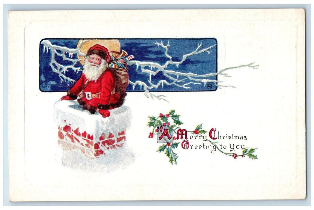 c1910's Christmas Greetings Santa Claus In Chimney Winter Snow Embossed Postcard
