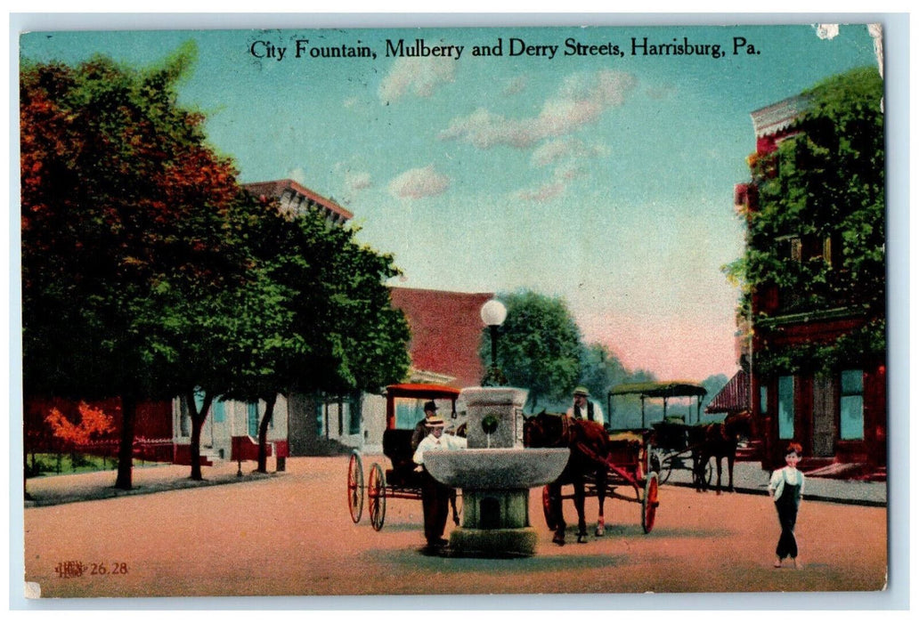 1911 Horse Carriage City Fountain Mulberry Derry Streets Harrisburg PA Postcard