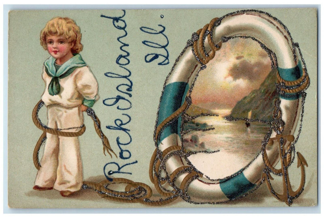 c1910 Young Sailor Rope Lifesaver Rockland Illinois IL Embossed Postcard