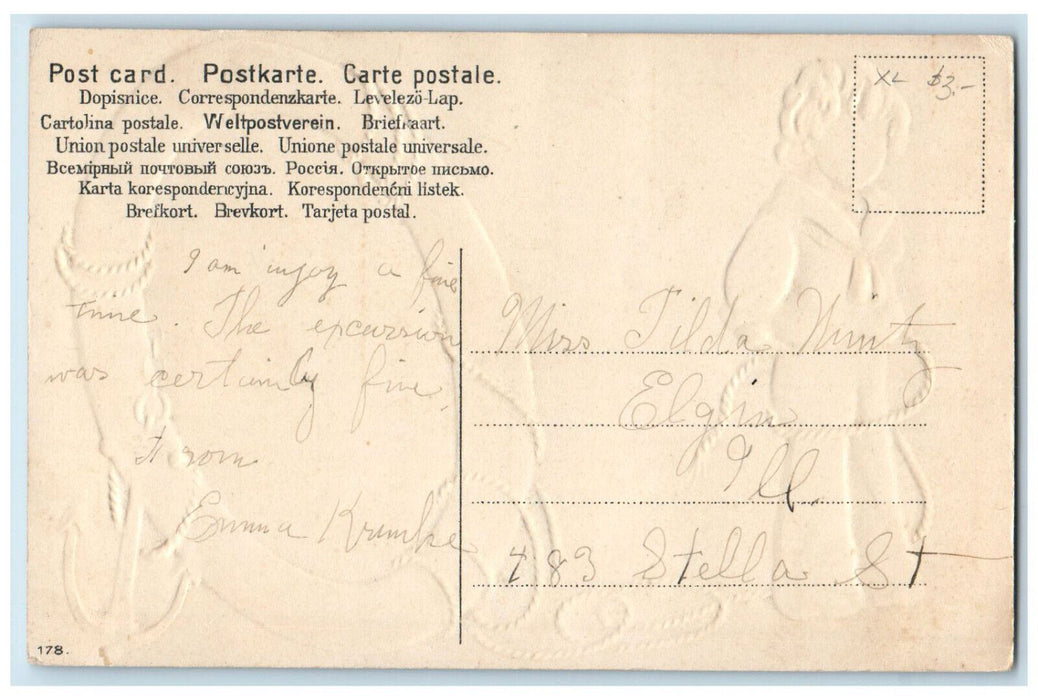 c1910 Young Sailor Rope Lifesaver Rockland Illinois IL Embossed Postcard