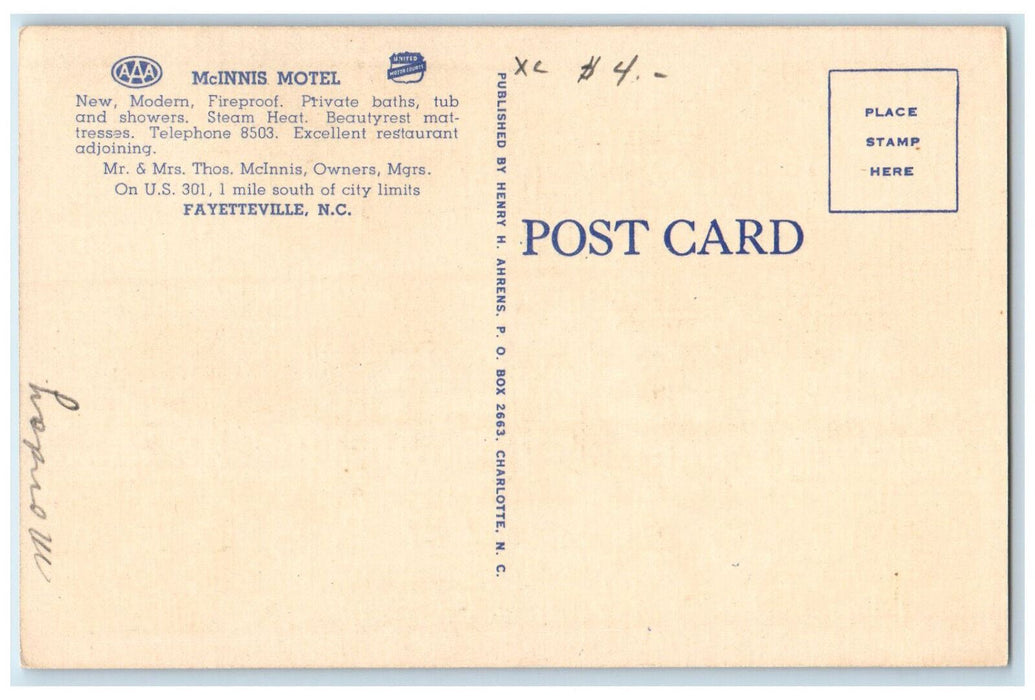 c1940's McInnis Motel US 301 1 Mile South of Fayetteville NC Postcard