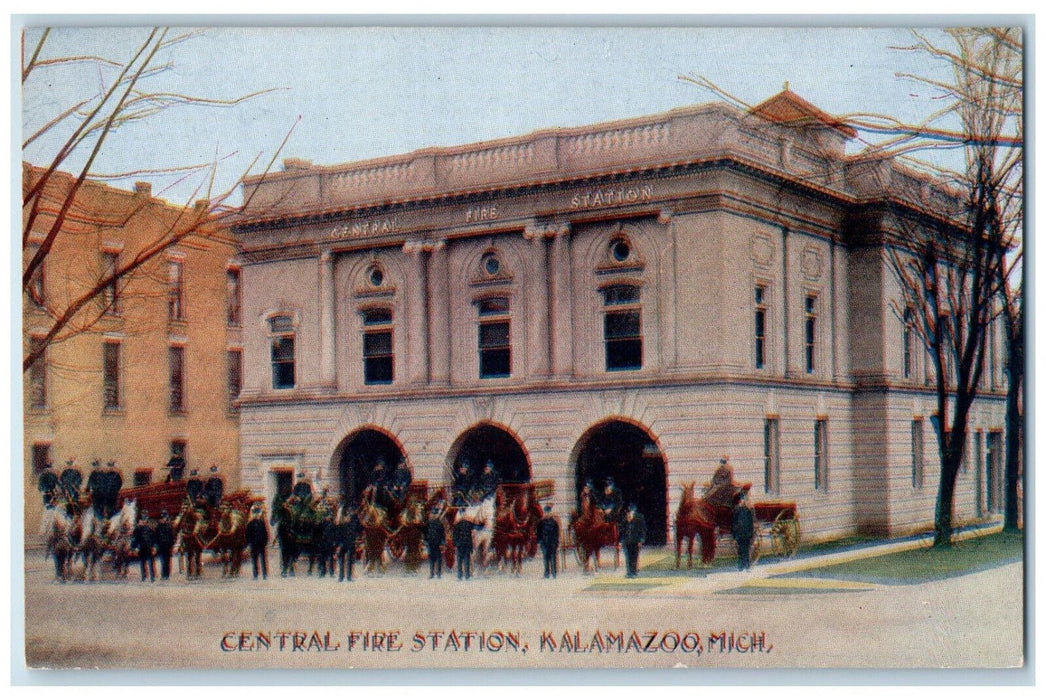 c1910 Horse Carriage, Central Fire Station Kalamazoo Michigan MI Postcard