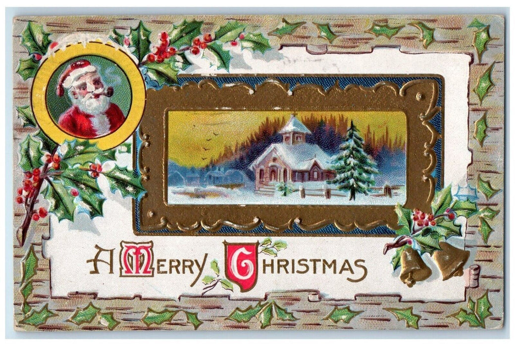 1910 Christmas Santa Claus Pipe Cigarette Smoke Pine Tree Winter Holly Postcard