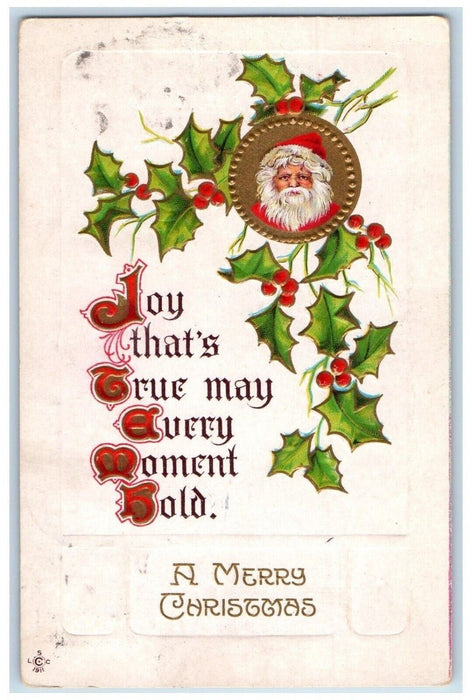 1911 Christmas Santa Claus Head Holly Berries Embossed Posted Antique Postcard