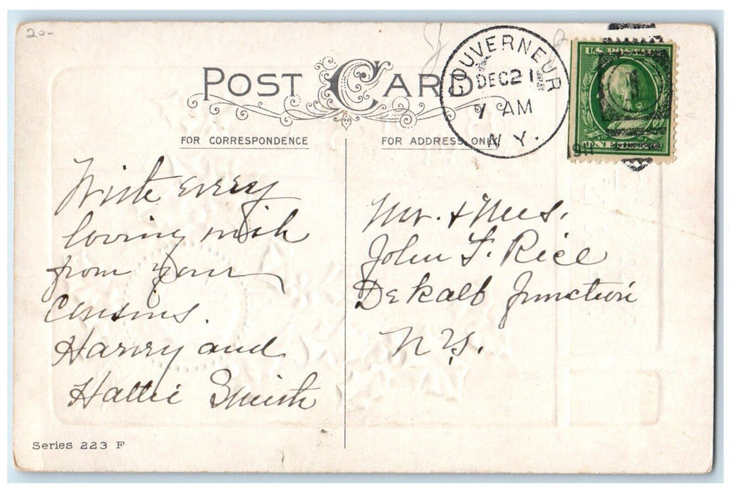 1911 Christmas Santa Claus Head Holly Berries Embossed Posted Antique Postcard