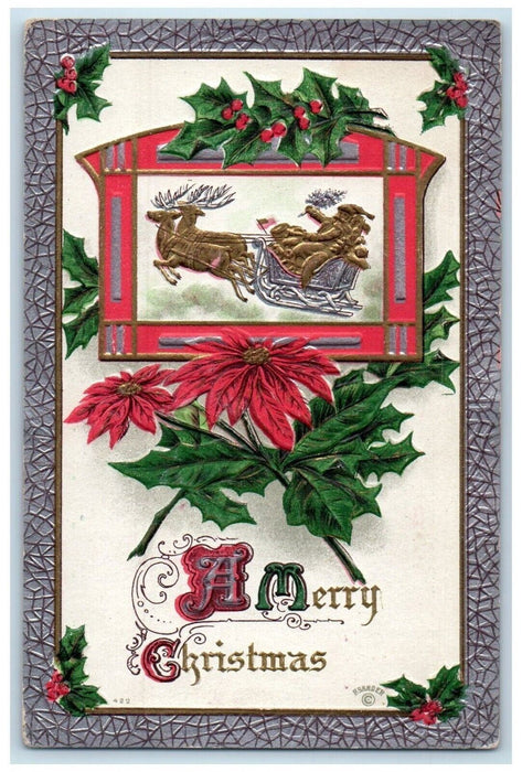 1910 Christmas Santa Claus Reindeer Pointessia Flowers Embossed Antique Postcard
