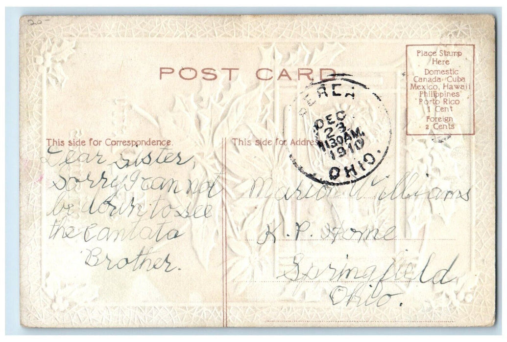 1910 Christmas Santa Claus Reindeer Pointessia Flowers Embossed Antique Postcard