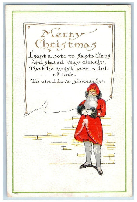 1910 Merry Christmas Standing Santa Claus Embossed Antique Postcard