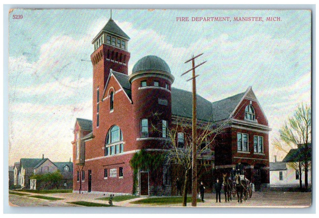 1910 Horse Carriage Fire Department Manistee Michigan MI Antique Posted Postcard