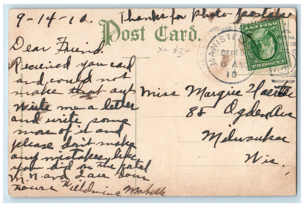 1910 Horse Carriage Fire Department Manistee Michigan MI Antique Posted Postcard