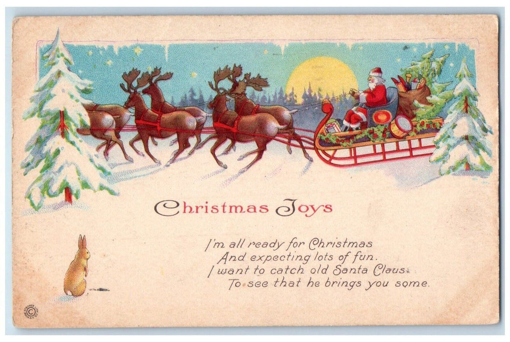 1922 Christmas Santa Claus And His Reindeer Sleigh Sack Of Toys Winter Postcard