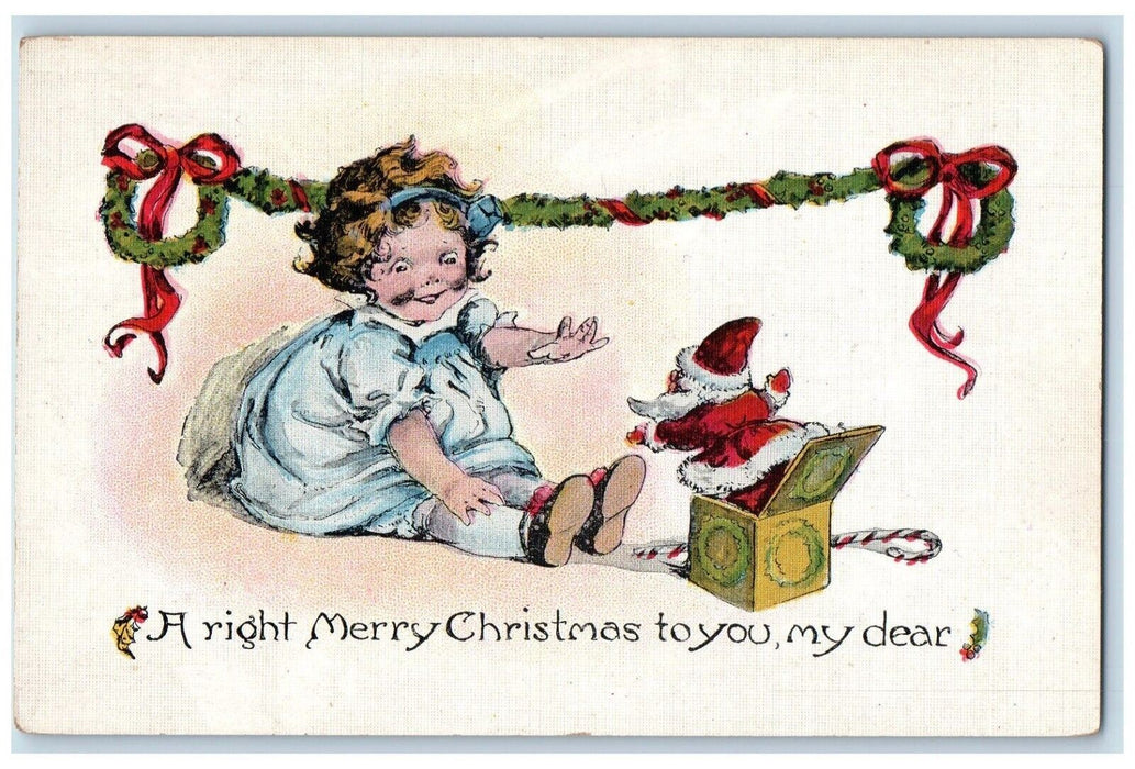 c1910's Christmas Little Girl Santa Claus In The Box Holly Garland Postcard