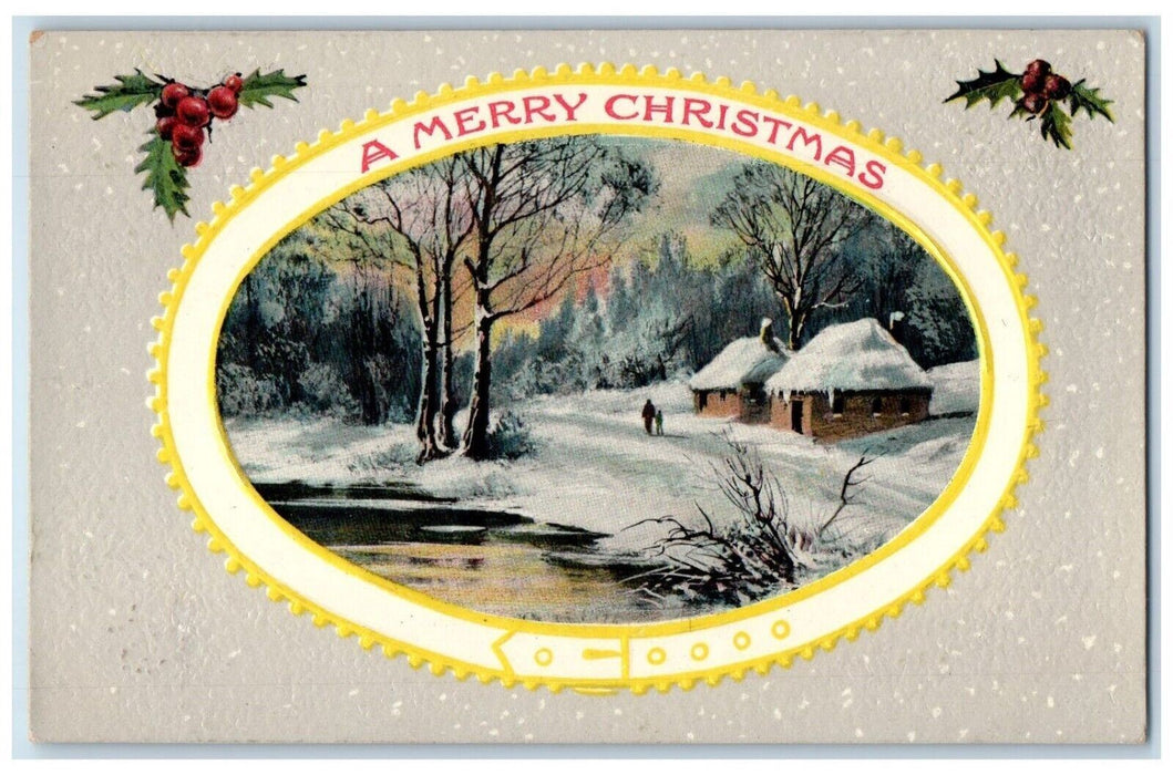 c1910's Christmas Houses Covered Snow Winter Gel Embossed Antique Postcard