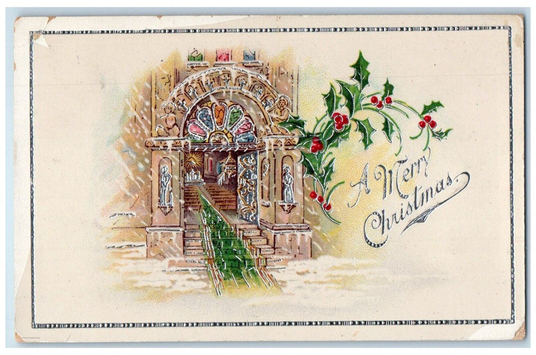 c1910's Christmas Church Entrance Gel Silver Gilt Embossed Antique Postcard