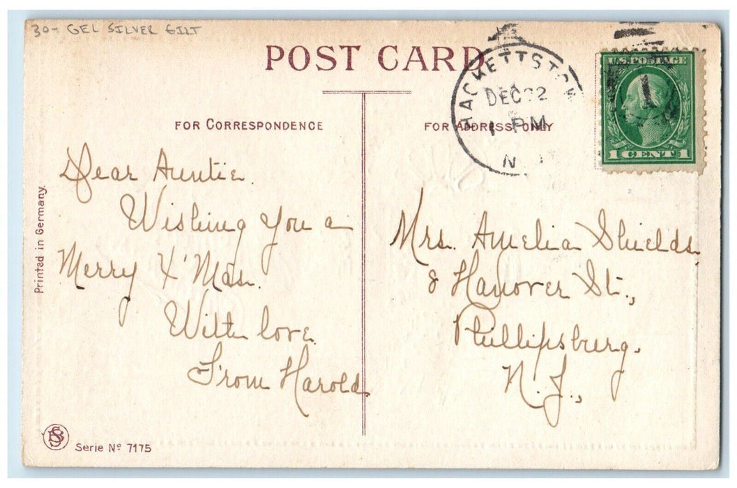 c1910's Christmas Church Entrance Gel Silver Gilt Embossed Antique Postcard