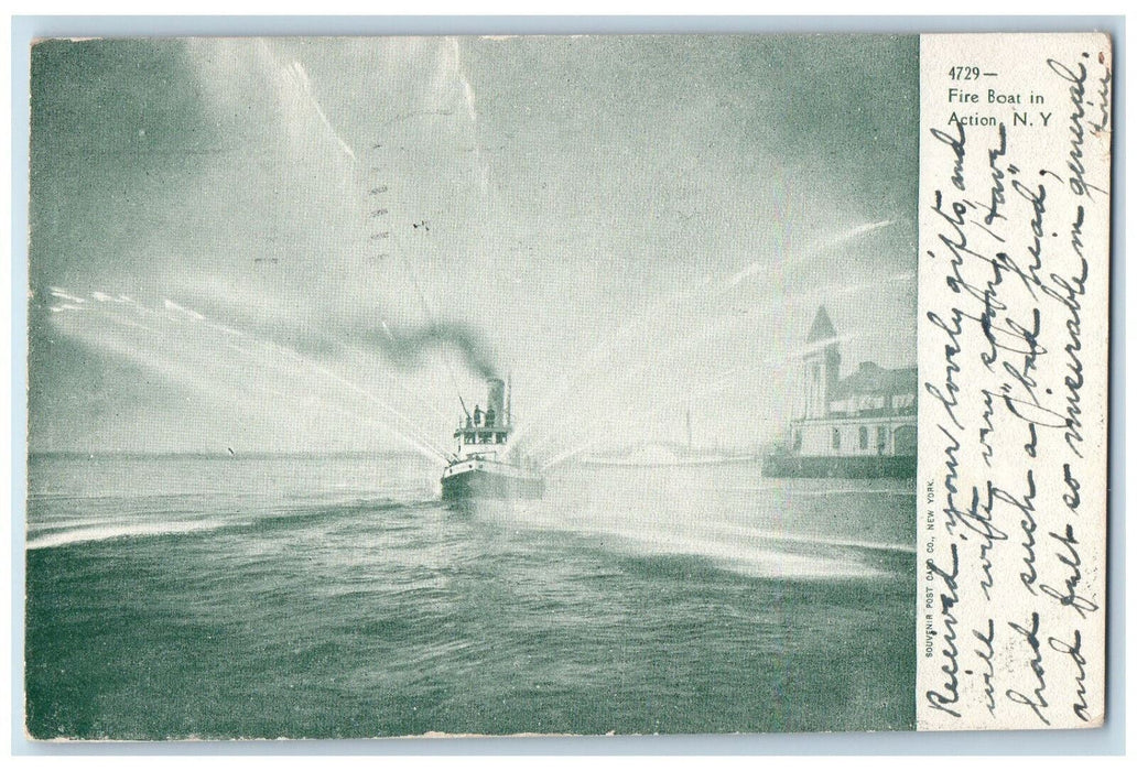 1908 Fire Boat in Action Throwing Water New York NY Antique Posted Postcard