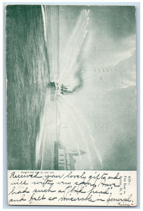 1908 Fire Boat in Action Throwing Water New York NY Antique Posted Postcard