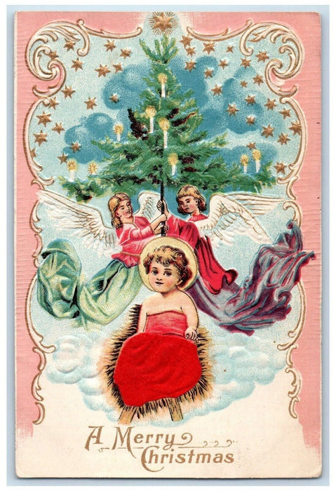 c1910's Christmas Angels Religious Christmas Tree Candles Silk Embossed Postcard