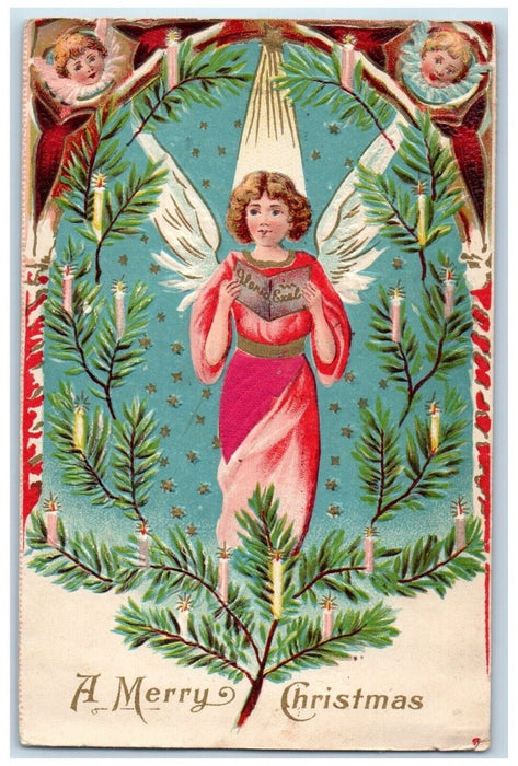 1910 Christmas Pine Candle Light Angels Head Book Silk Embossed Antique Postcard