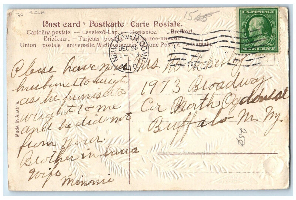1910 Christmas Pine Candle Light Angels Head Book Silk Embossed Antique Postcard