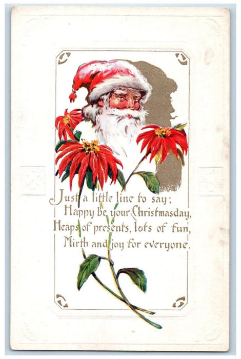 c1910's Christmas Santa Claus Pointessia Flowers Embossed Antique Postcard