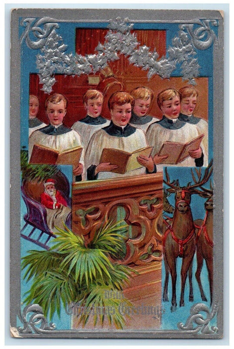 c1910's Christmas Greetings Santa Claus Reindeer Choir Embossed Antique Postcard
