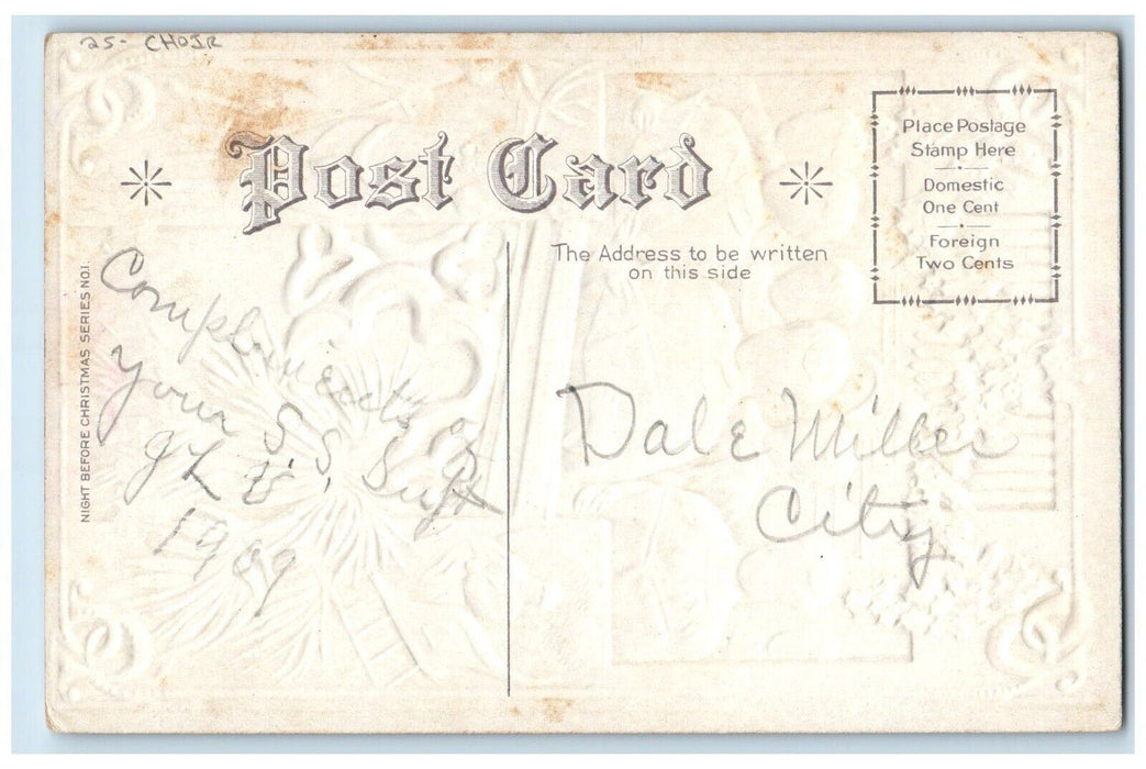 c1910's Christmas Greetings Santa Claus Reindeer Choir Embossed Antique Postcard