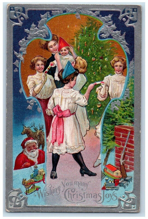 1909 Christmas Santa Claus Family Christmas Party Embossed Antique Postcard