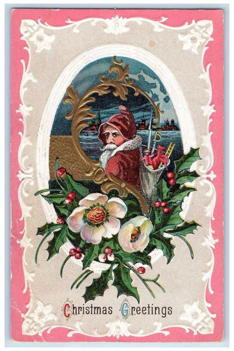 1912 Christmas Greetings Santa Claus White Flowers Holly Winsch Back Postcard